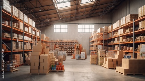 A large clean warehouse with boxes. Generative ai.