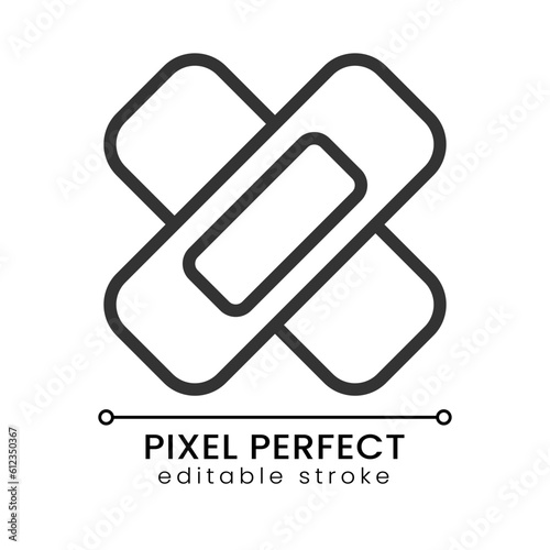 Adhesive bandage pixel perfect linear icon. Medical dressing. Sticking plaster. Injury healing. Thin line illustration. Contour symbol. Vector outline drawing. Editable stroke. Poppins font used