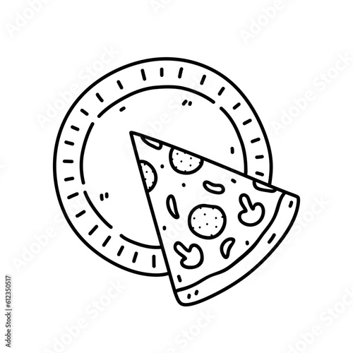 A slice of pizza on a plate isolated on white background. Fast food. Vector hand-drawn illustration in doodle style. Perfect for various designs, cards, logo, menu.