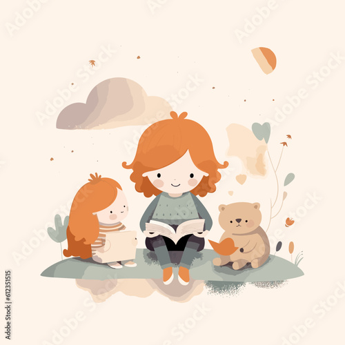 Children listening reading book, painting, children book illustration, svg vector