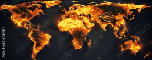 Earth map background showing places on fire Generative AI