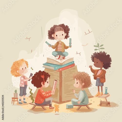 Children learning in school, children book illustration, svg vector