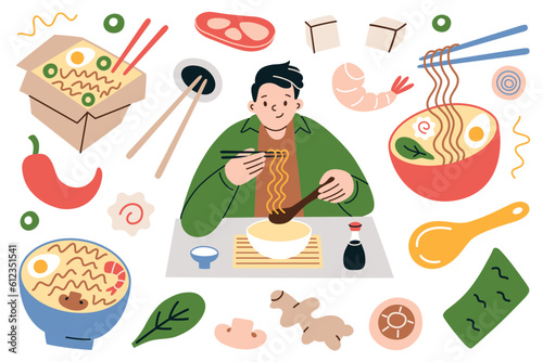 Man eating ramen at table, hand drawn collection of noodle soup bowls and chopsticks, Asian food, doodle icons of soy sauce, tofu, dried nori, vector illustrations of ramen toppings and ingredients