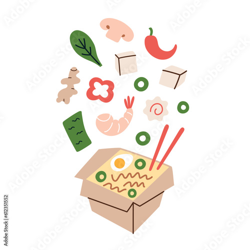 Food container box with ramen, noodle soup with flavors, hand drawn composition with toppings for ramen shop, doodle icons of shrimps, ginger, dried nori, vector illustrations of instant noodles