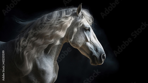 Portrait gray Andalusian horse with long mane and steam from a mouth at a black background with back lighting. Generative Ai