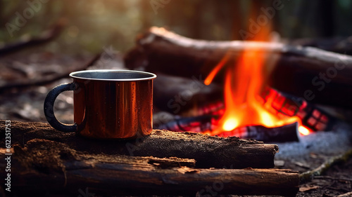 enamel cup of hot steaming coffee sitting on an old log by an outdoor campfire. Selective focus on mug with blurred background. Generative Ai
