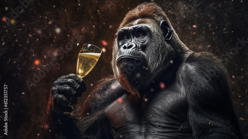 A realistic photo with a gorilla drinking. Generative ai.