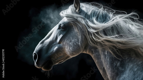 Portrait gray Andalusian horse with long mane and steam from a mouth at a black background with back lighting. Generative Ai © Putra