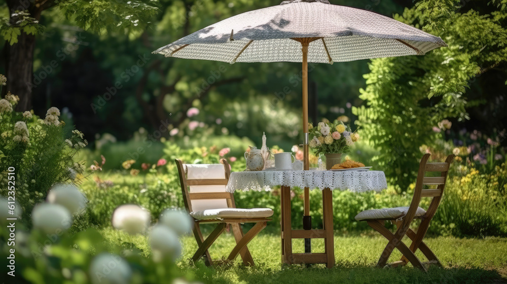 Summer picnic table, chairs and umbrella outdoors in a beautiful summer garden in the morning. Generative AI Summer picnic table, chairs and umbrella outdoors in a beautiful summer garden in the morning. Generative AI