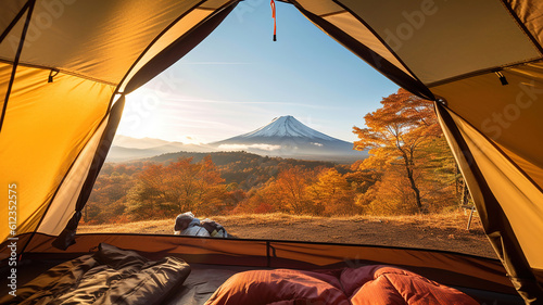 Tent with a view of fuji mountain  camping at mountain fuji. Generative Ai