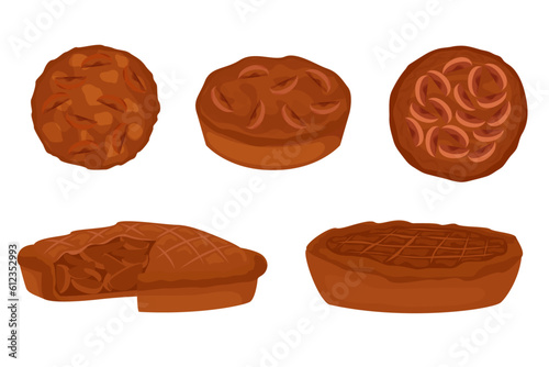 cooked pies, cooking, cooking, baking, sliced pies and whole pie illustration, vector
