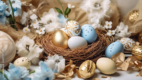 Easter eggs with sweets and flowers on beige. Happy Easter concept. White and blue eggs and cute nest with candy. Generative Ai