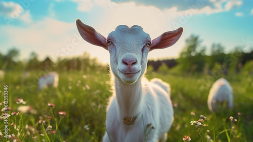 Close-up portrait of white adult goat grassing on green summer meadow field at village countryside. Generative Ai