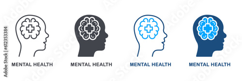 Mental Health Silhouette and Line Icon Set. Medical Aid for Humans with Psychological Disorder Pictogram. Psychology Care, Psychiatry Emotional Support Symbol Collection. Isolated Vector Illustration