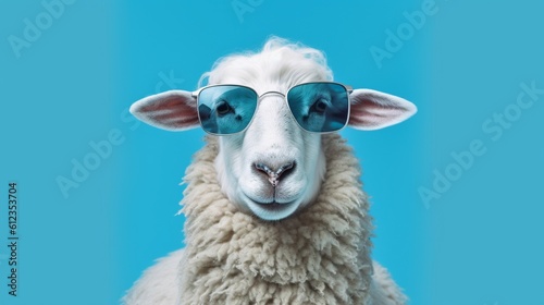 A realistic photo with a funny sheep wearing sunglasses. Generative ai.