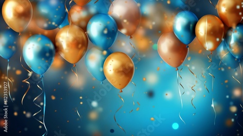 Realistic festive background with balloons in blue and orange colors. Generative ai