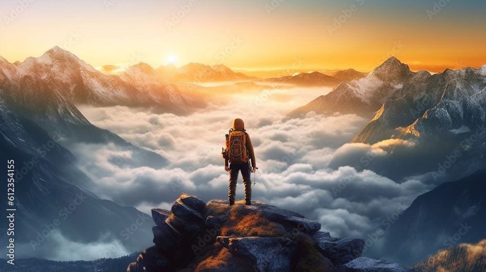 Fototapeta premium Realistic photo with a hiker looking the horizon. Generative ai.