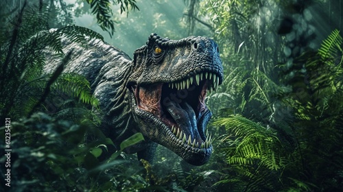 A realistic photo with a tyrannosaur rex. Generative ai. © joseduardo