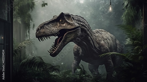 A realistic photo with a tyrannosaur rex. Generative ai. © joseduardo