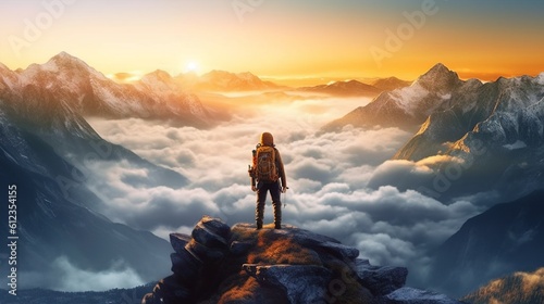 Realistic photo with a hiker looking the horizon. Generative ai.