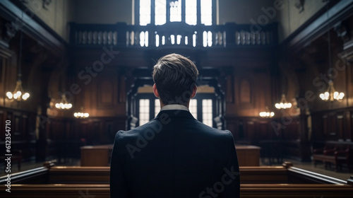 A man in an empty courtroom. Generative AI