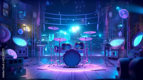 Bright stage with drums. Generative AI