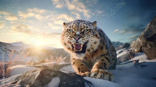 Tiger in the snowy mountains. Generative AI