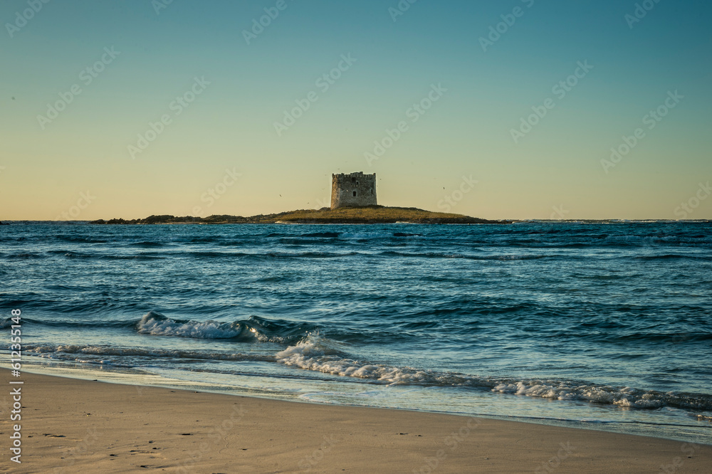 Stintino tower in Pelosa beach in Sardinia, Italy