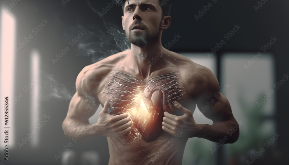 Abstract image of coronary disease or heart attack in young man male. Generation AI