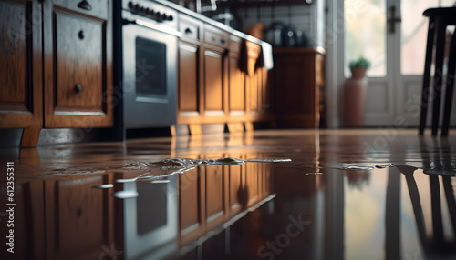 Flooded floor in kitchen from water leak. Damage , Property insurance concept. Generation AI