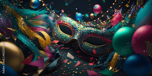 Classy color carnival party banner, elegant mask with decorations background. Generation AI