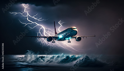 Danger climate weather. Airplane in sky with thunder and lightning, plane flies in terrible thunderstorm. Generation AI