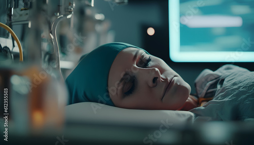 Lonely woman in scarf, sick with cancer, chained to bed in intensive care, recalls outgoing life. Doomed look of patient with terminal illness. Generation AI