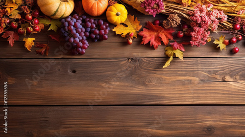 Thanksgiving background with autumn dried flowers, pumpkins and fall leaves on the old wooden background. Thanksgiving background with seasonal berries and fruits