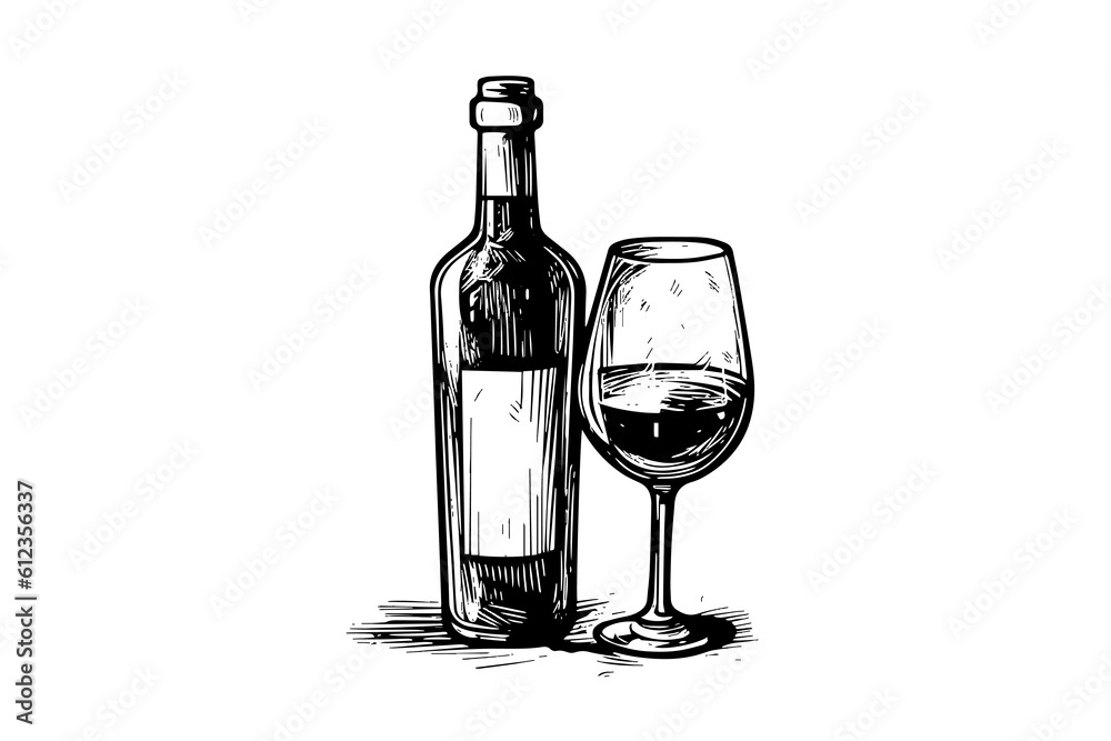 Wine bottle and glass. Hand drawn engraving sketch style vector illustrations.