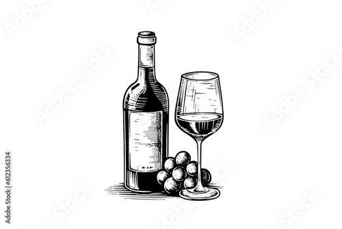 Wine bottle and glass of wine and grapes. Hand drawn engraving sketch style vector illustrations