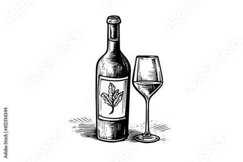 Wine bottle and glass. Hand drawn engraving sketch style vector illustrations.