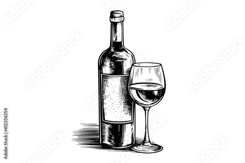 Wine bottle and glass. Hand drawn engraving sketch style vector illustrations.