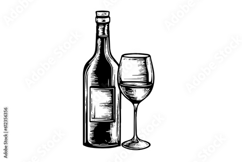 Wine bottle and glass. Hand drawn engraving sketch style vector illustrations.