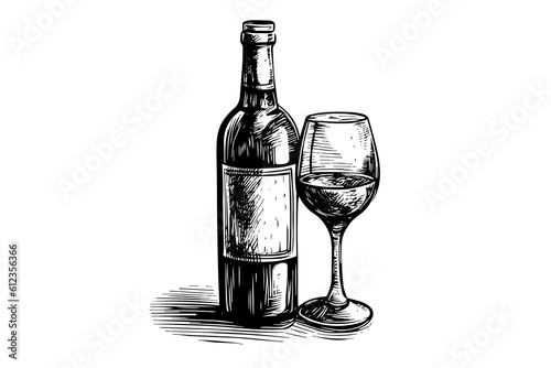 Wine bottle and glass. Hand drawn engraving sketch style vector illustrations.