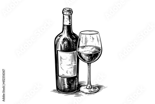 Wine bottle and glass. Hand drawn engraving sketch style vector illustrations.