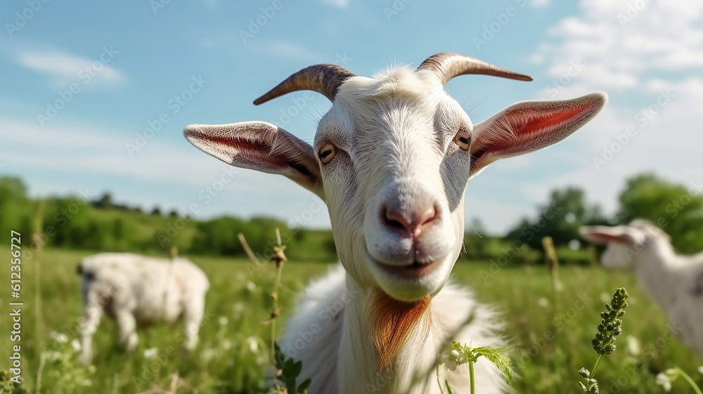 Close-up portrait of white adult goat grassing on green summer meadow field at village countryside. Generative Ai Close-up portrait of white adult goat grassing on green summer meadow field at village countryside. Generative Ai