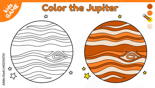 Page of coloring book for kids. Color cartoon the Jupiter in space. Outline planet of solar system. Activity for preschool and school children. Black and white and colorful illustration. Vector design