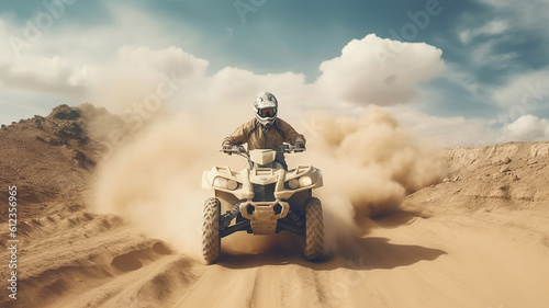 Quad bike in dust cloud, sand quarry on background. ATV Rider in the action. Generative Ai