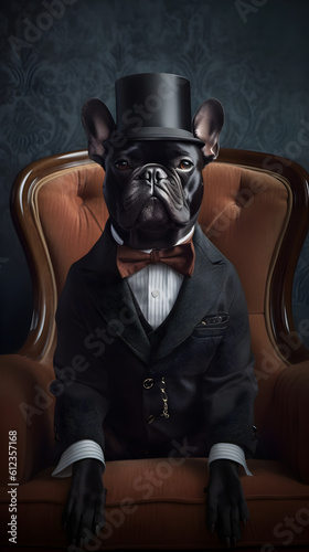 French Bulldog embodies elegance and refinement, dressed in dapper old money style clothes, exuding timeless sophistication and aristocratic flair. Generative AI.
