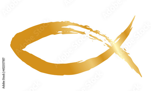 Photography Golden fish symbol hand painted with ink brush, christian religious faith emblem, png isolated on transparent background