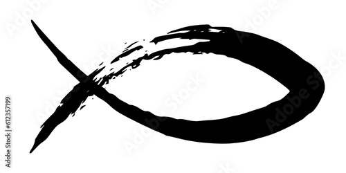 Fish symbol hand painted with ink brush, christian religious faith emblem, png isolated on transparent background. photo