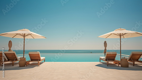 a luxury gulf coast resort with lounge chairs. Generative Ai
