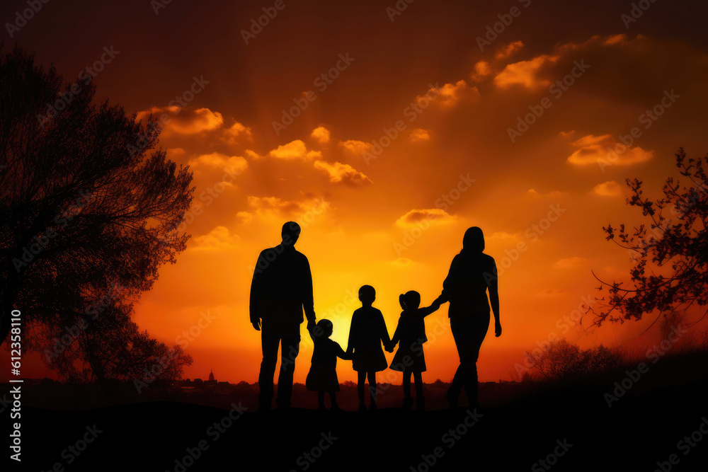 Bonding in the Sunset: Happy Family Silhouette. Generative AI