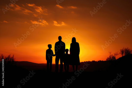 Joyful Moments: Family Silhouette against the Sunset. Generative AI © AIproduction